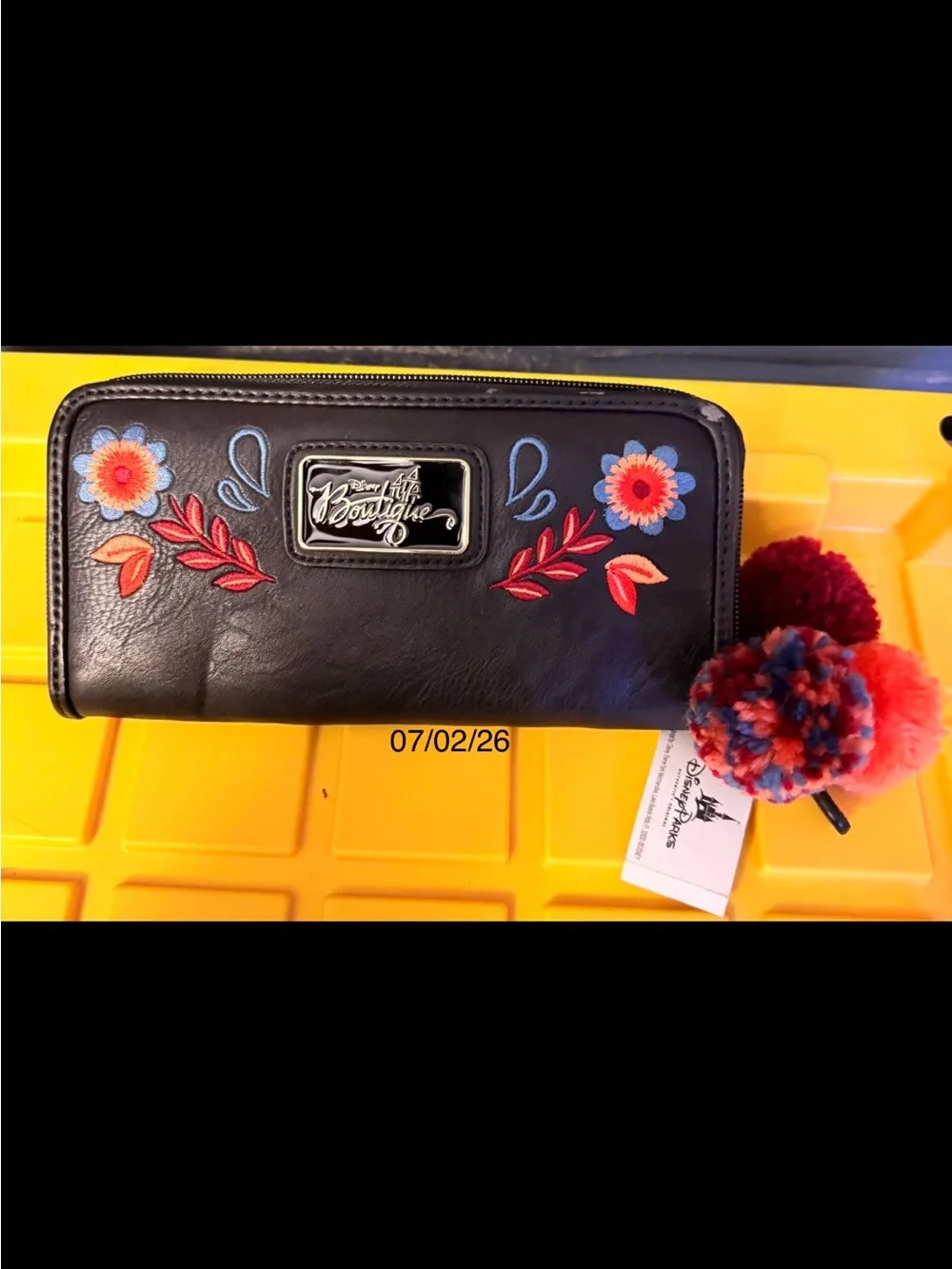 Disney Black Floral Embroidered Zip Wallet with Red and Blue Pom-Pom